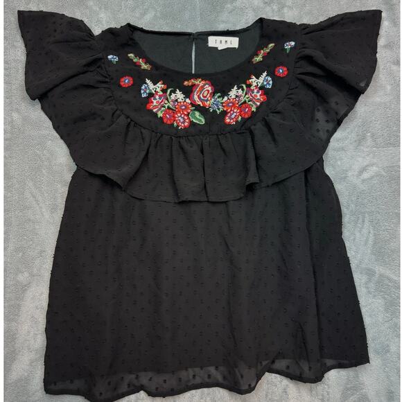 THML Charlotte Black Swiss Dot Embroidered Floral Ruffle Blouse Boho Medium - Picture 6 of 10